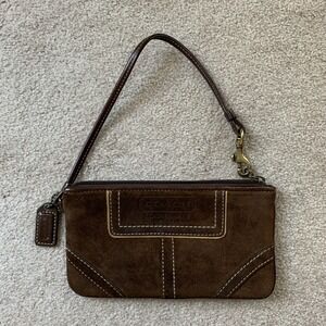 Vtg Coach Wristlet Suede Leather Wallet Purse Classic Brown Stitched FOB
